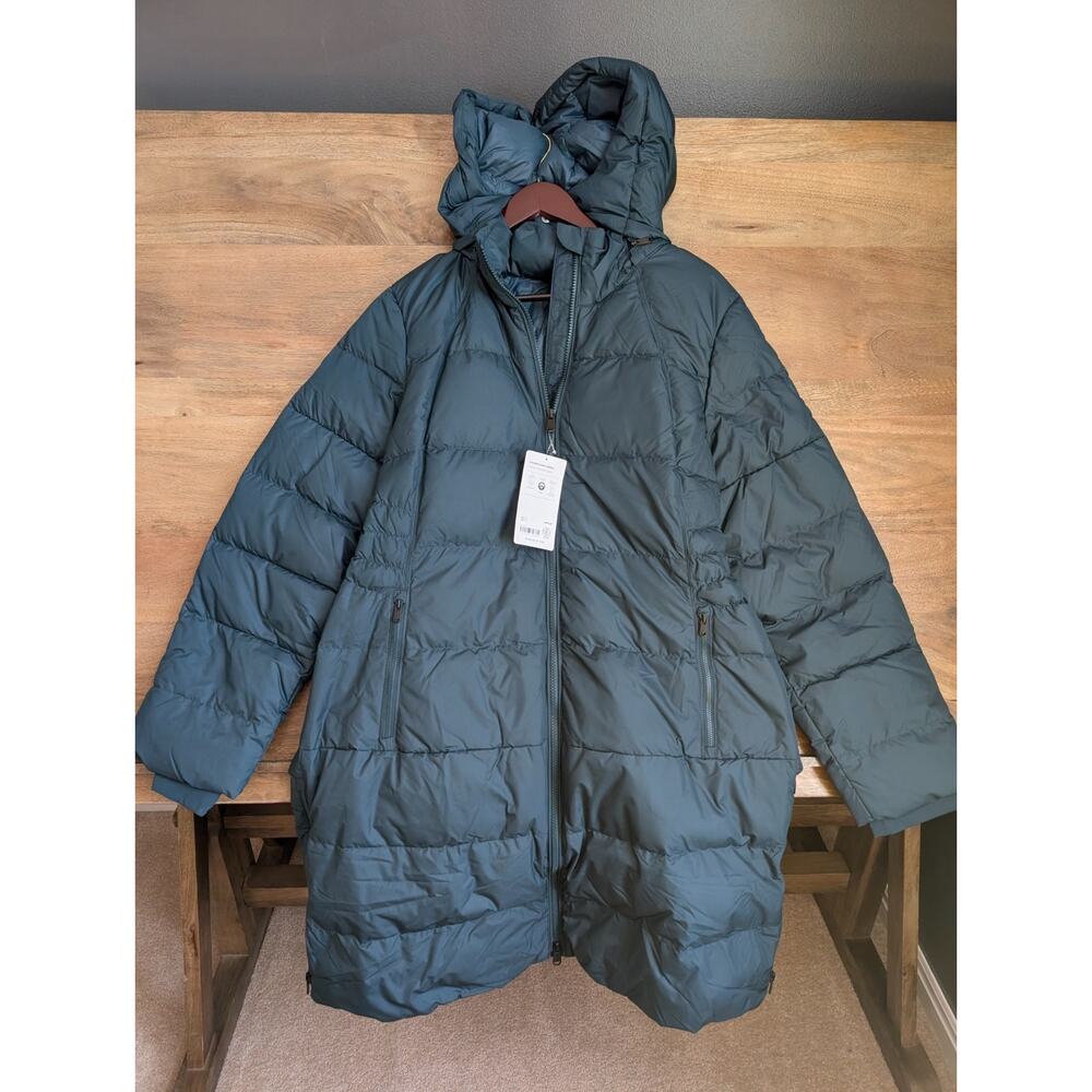 Athleta Downtown Puffer Coat Womens XL Dark Green Long Sleeve Hooded Zip-Up NWT